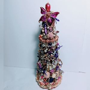 14" Handcrafted Valentine's Butterfly gift jeweled tree. Vtg costume jewelry.